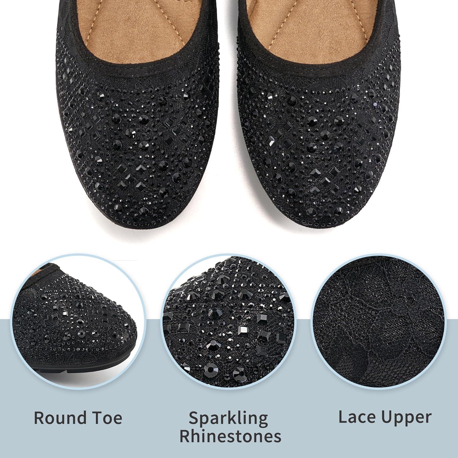 imageBallet Flats for Women Dressy  Comfortable Dress Rhinestone Lace Wedding Flat for 2025  Ladies Slip On Walking Office ShoesBlack