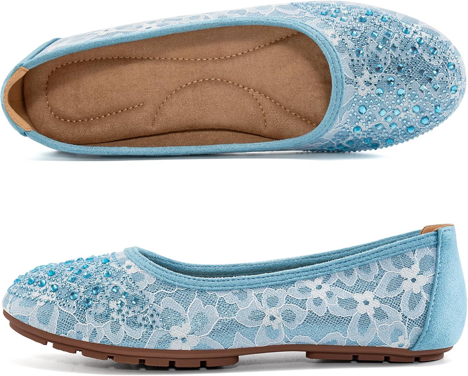 imageBallet Flats for Women Dressy  Comfortable Dress Rhinestone Lace Wedding Flat for 2025  Ladies Slip On Walking Office ShoesBlue
