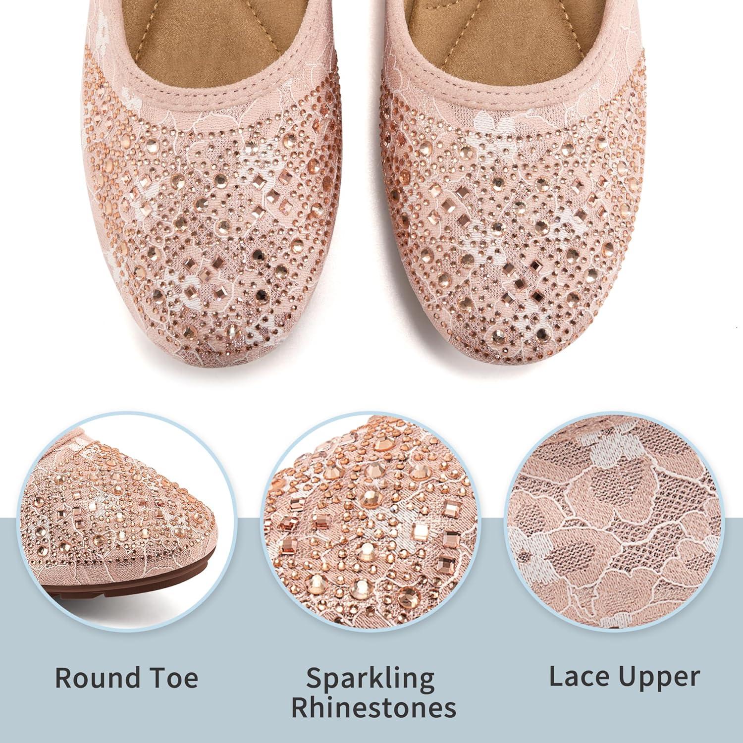 imageBallet Flats for Women Dressy  Comfortable Dress Rhinestone Lace Wedding Flat for 2025  Ladies Slip On Walking Office ShoesPink