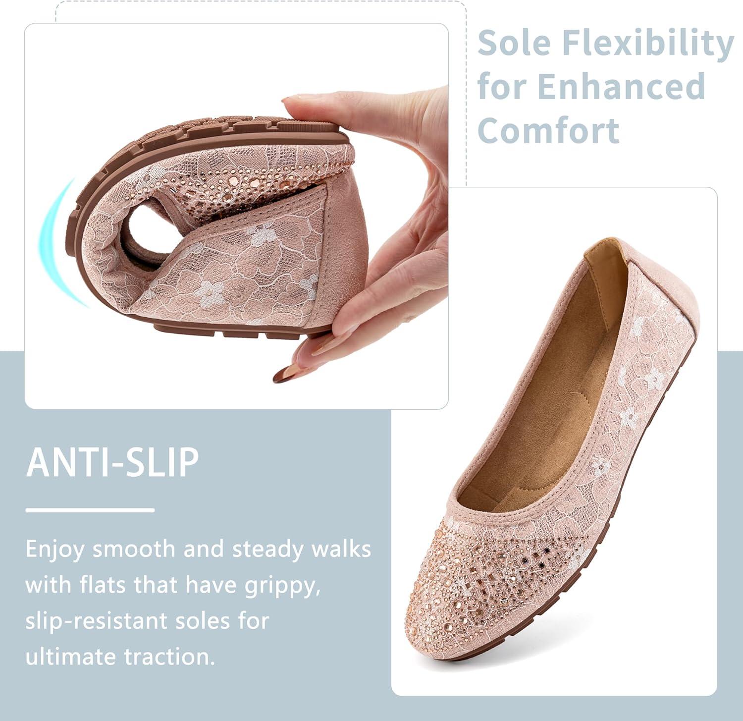 imageBallet Flats for Women Dressy  Comfortable Dress Rhinestone Lace Wedding Flat for 2025  Ladies Slip On Walking Office ShoesPink