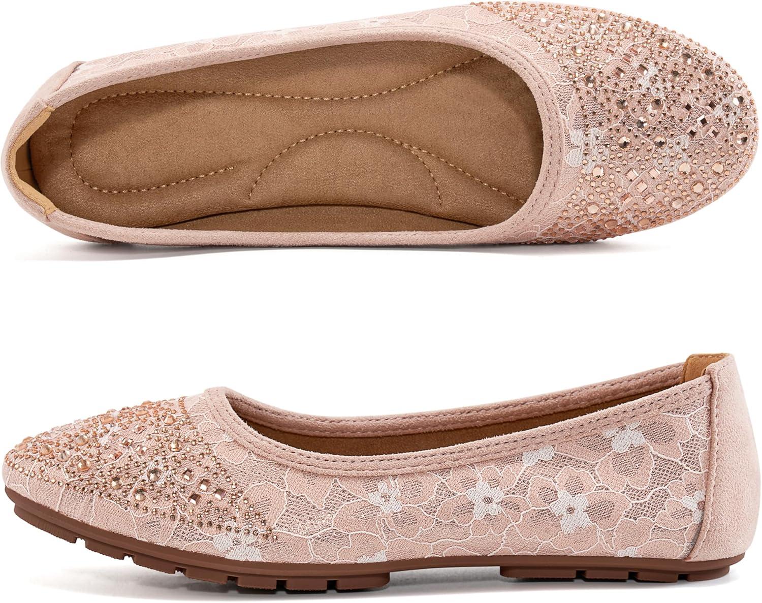 imageBallet Flats for Women Dressy  Comfortable Dress Rhinestone Lace Wedding Flat for 2025  Ladies Slip On Walking Office ShoesPink