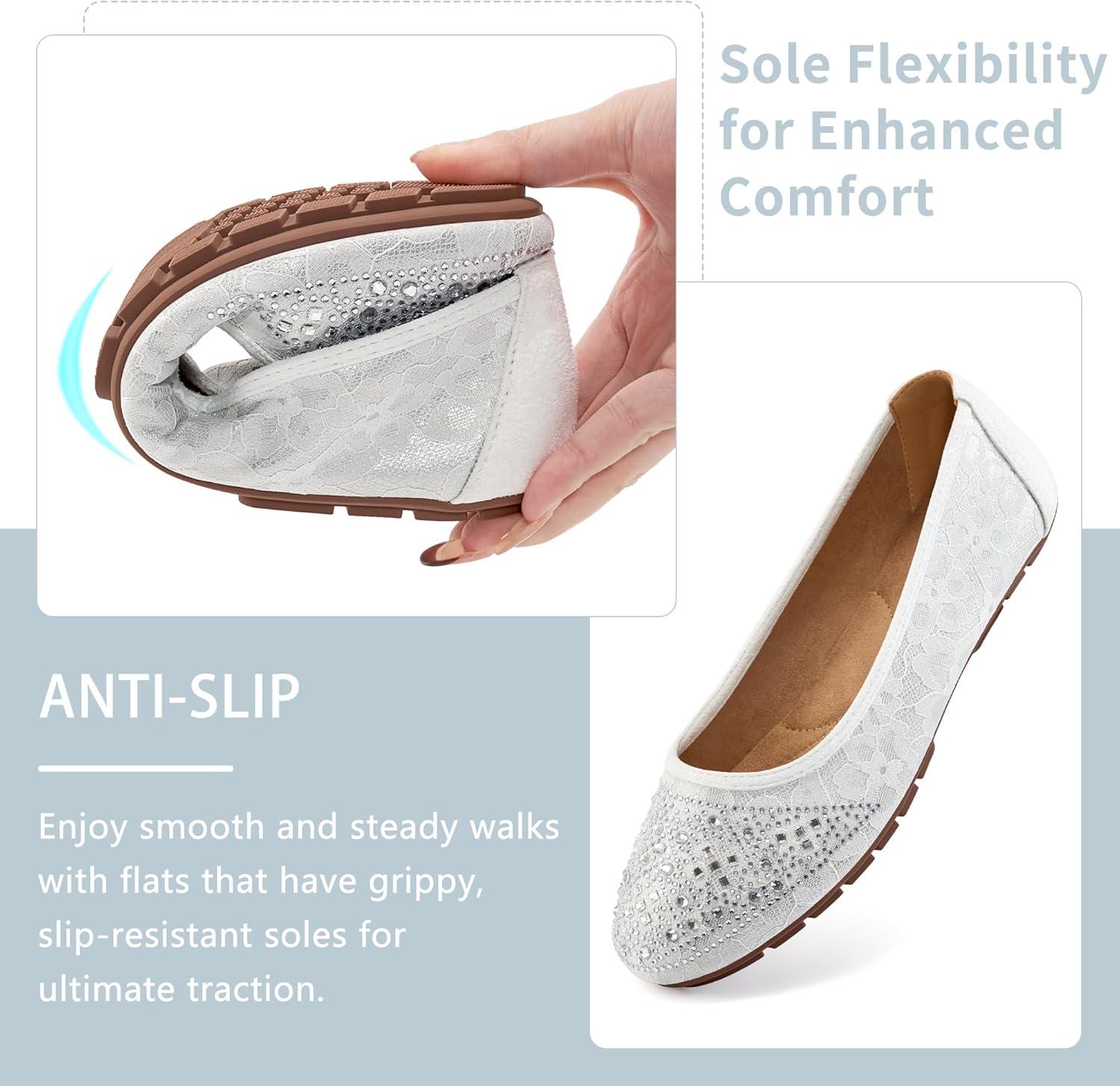 imageBallet Flats for Women Dressy  Comfortable Dress Rhinestone Lace Wedding Flat for 2025  Ladies Slip On Walking Office ShoesWhite