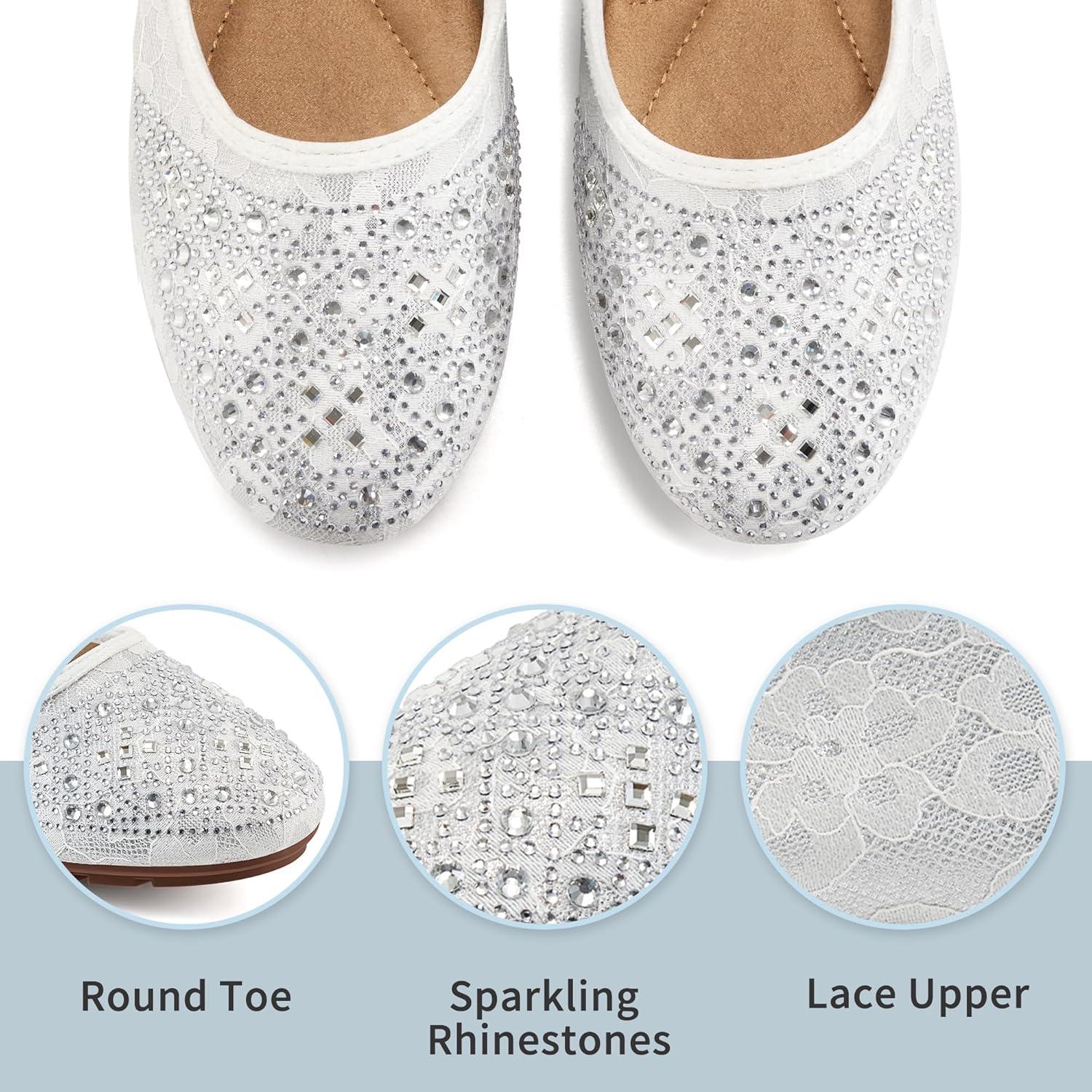 imageBallet Flats for Women Dressy  Comfortable Dress Rhinestone Lace Wedding Flat for 2025  Ladies Slip On Walking Office ShoesWhite