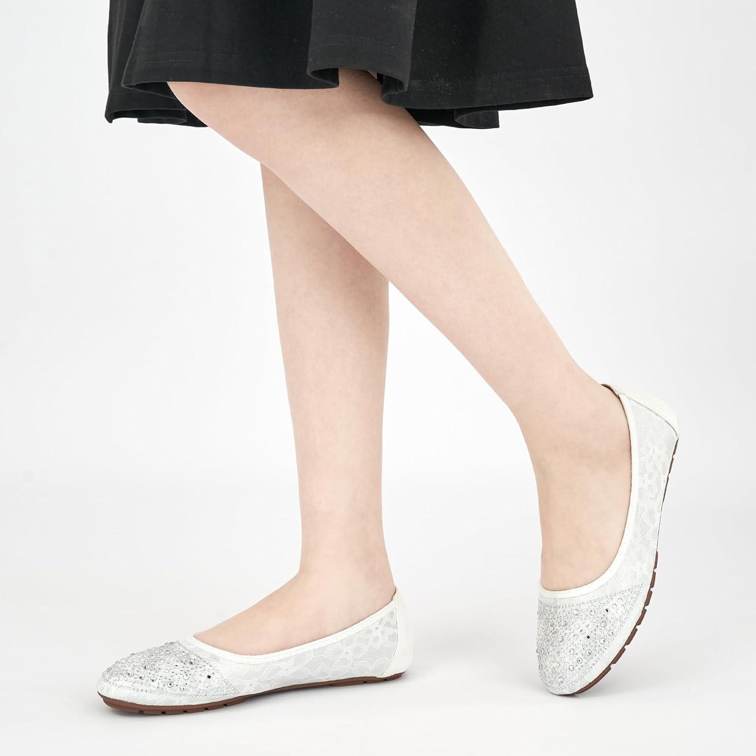 imageBallet Flats for Women Dressy  Comfortable Dress Rhinestone Lace Wedding Flat for 2025  Ladies Slip On Walking Office ShoesWhite