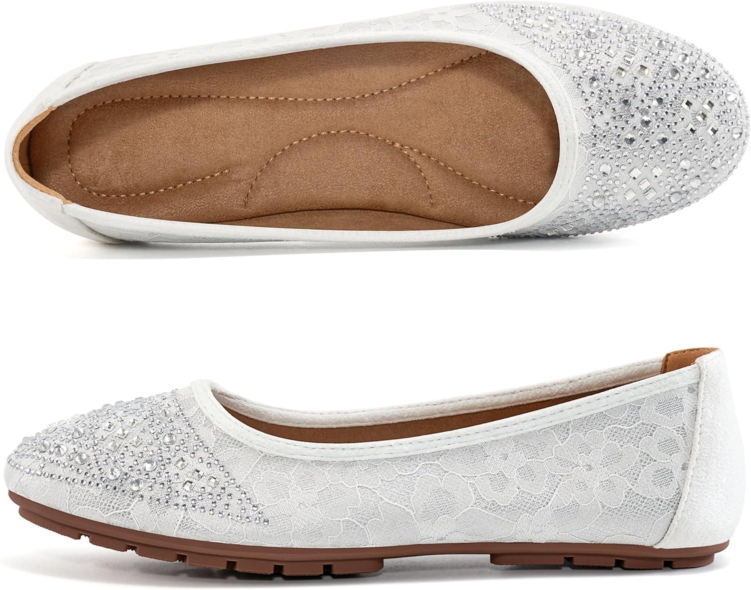 imageBallet Flats for Women Dressy  Comfortable Dress Rhinestone Lace Wedding Flat for 2025  Ladies Slip On Walking Office ShoesWhite