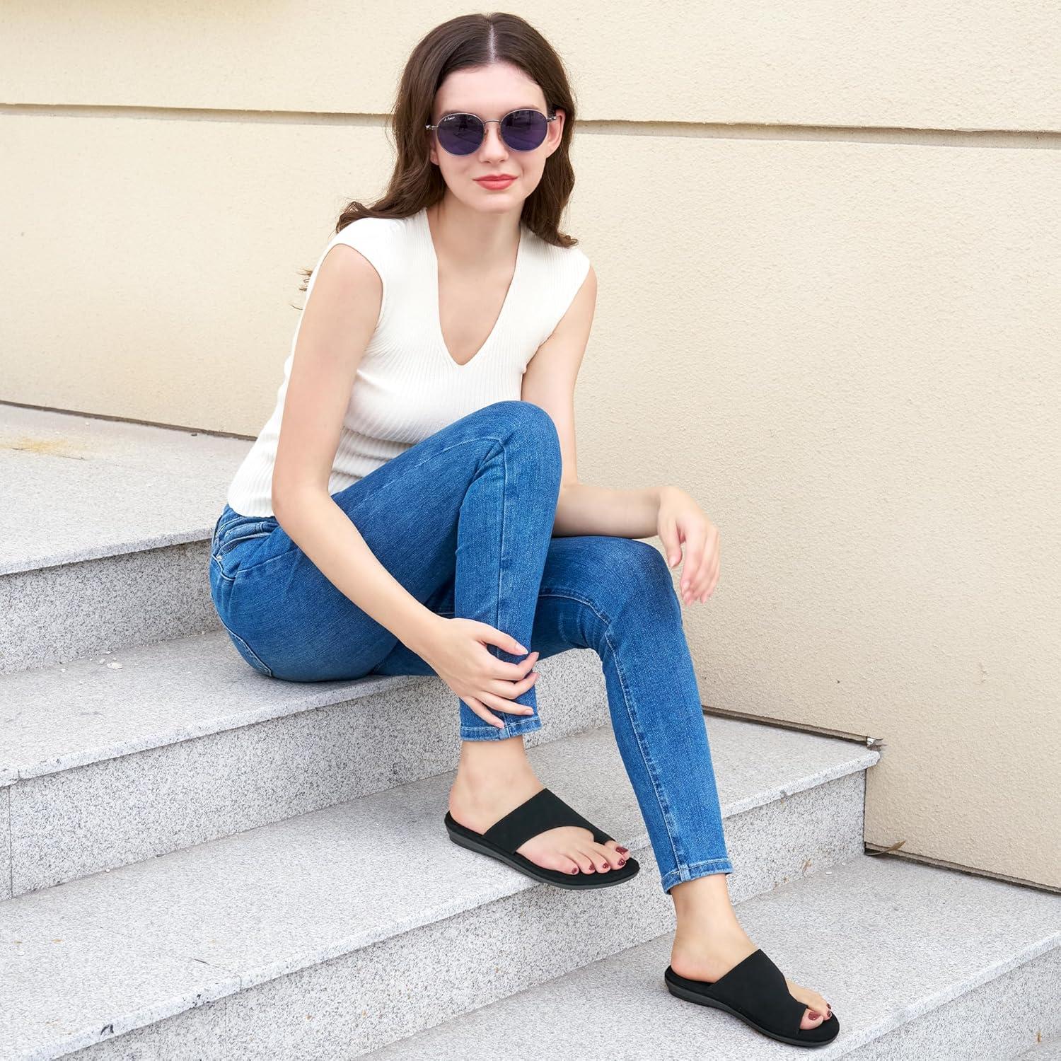 imageSummer Flat Sandals for Women Comfortable Walking Dressy Slides for 2025  Ladies Orthopedic Casual Shoes Indoor OutdoorAll Black