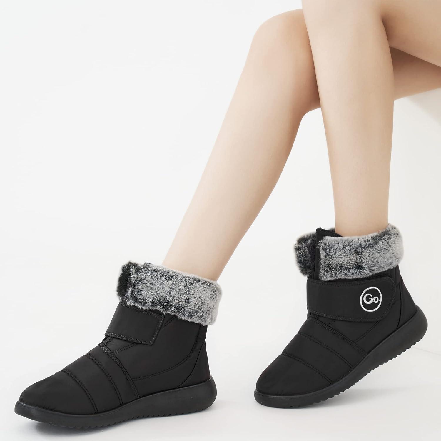 imageWomen Snow Boots Winter Shoes With Hook Loop Comfortable Fur Lined Boots for Women Waterproof Slip On Booties Warm Anti Slip ShoesBlack