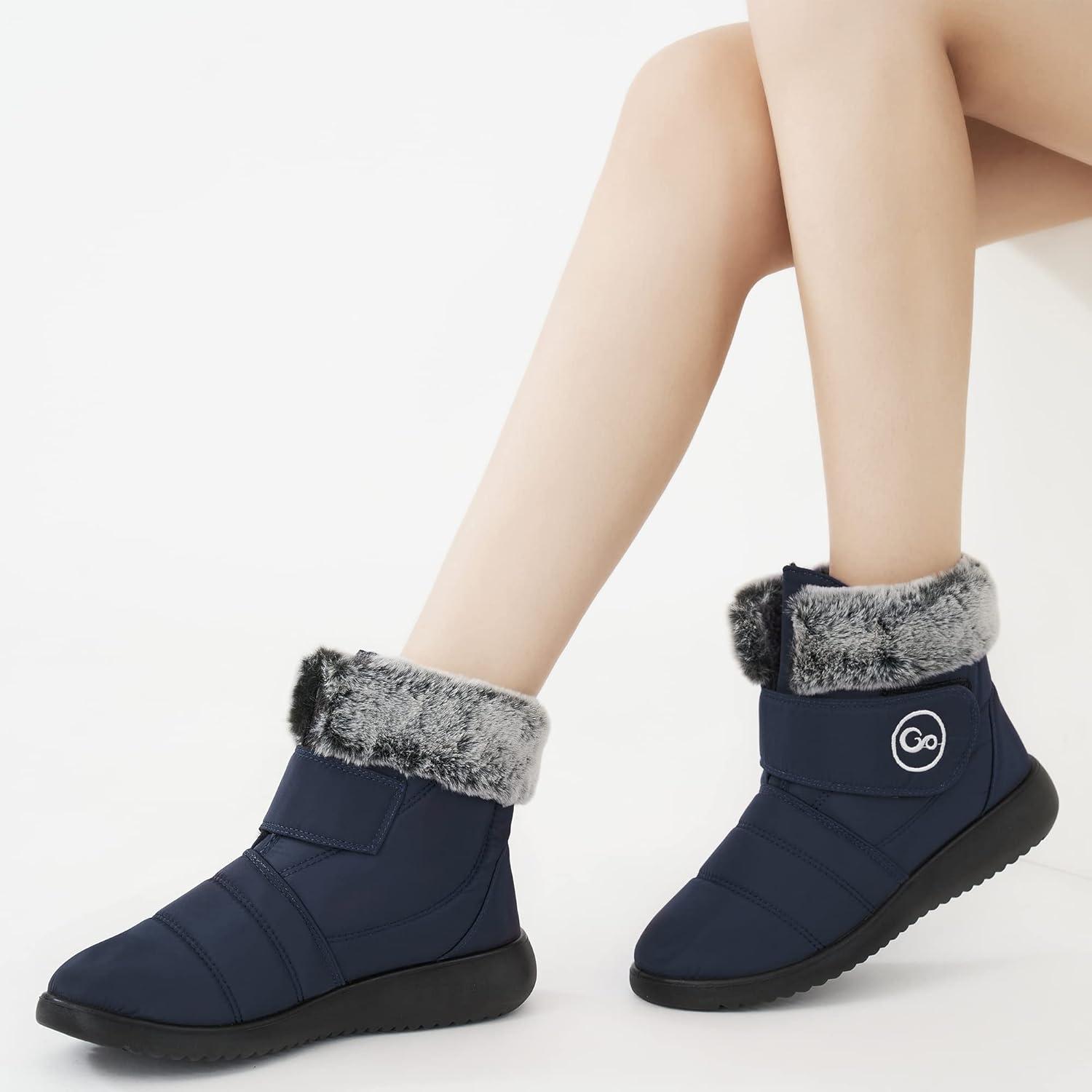 imageWomen Snow Boots Winter Shoes With Hook Loop Comfortable Fur Lined Boots for Women Waterproof Slip On Booties Warm Anti Slip ShoesDark Blue