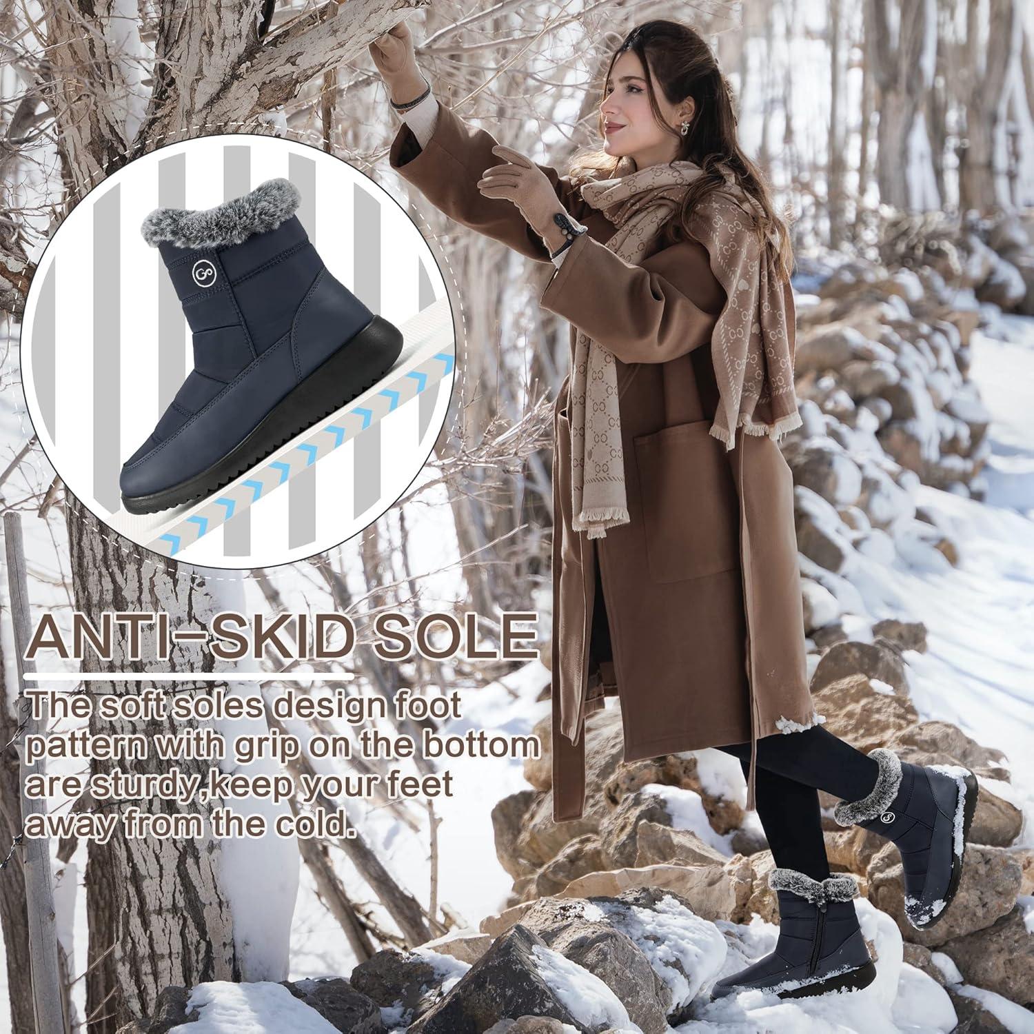 imageWomen Winter Snow Boots Waterproof Mid Calf Womens Boots with Fur Lined Anti Slip Zipper Booties Comfortale Outdoor ShoesBlack
