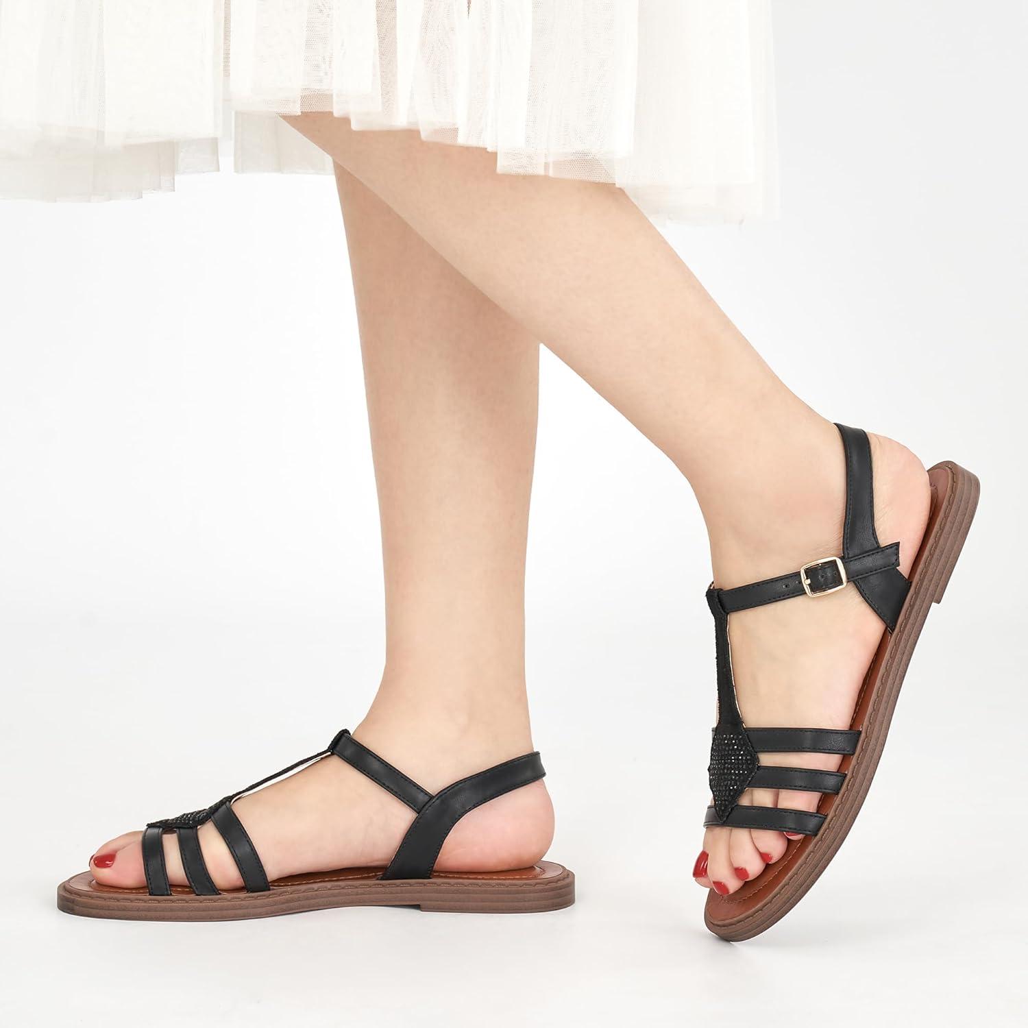 imageWomens Flat Sandals Dressy Comfortable Casual Walking Sandals Women  Trendy Wedding Ladies SandalBlack
