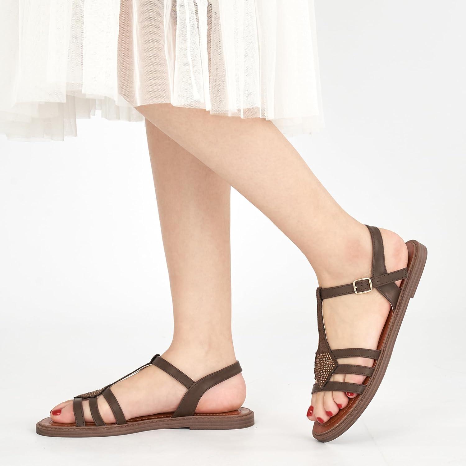 imageWomens Flat Sandals Dressy Comfortable Casual Walking Sandals Women  Trendy Wedding Ladies SandalCoffee