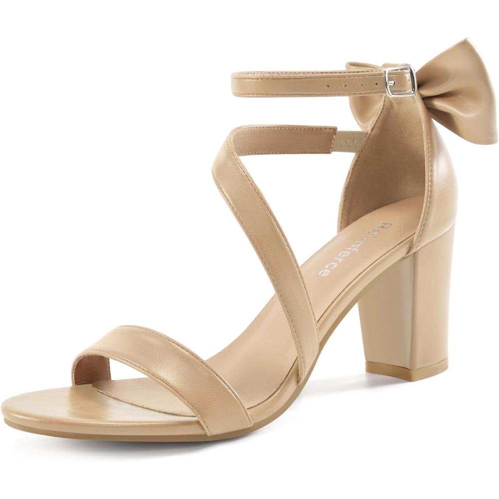imageChunky Heels for Women Wedding Comfortable Ladies Bow Heel Sandals for Prom Party  Bridal Dressy Walking ShoesBeige