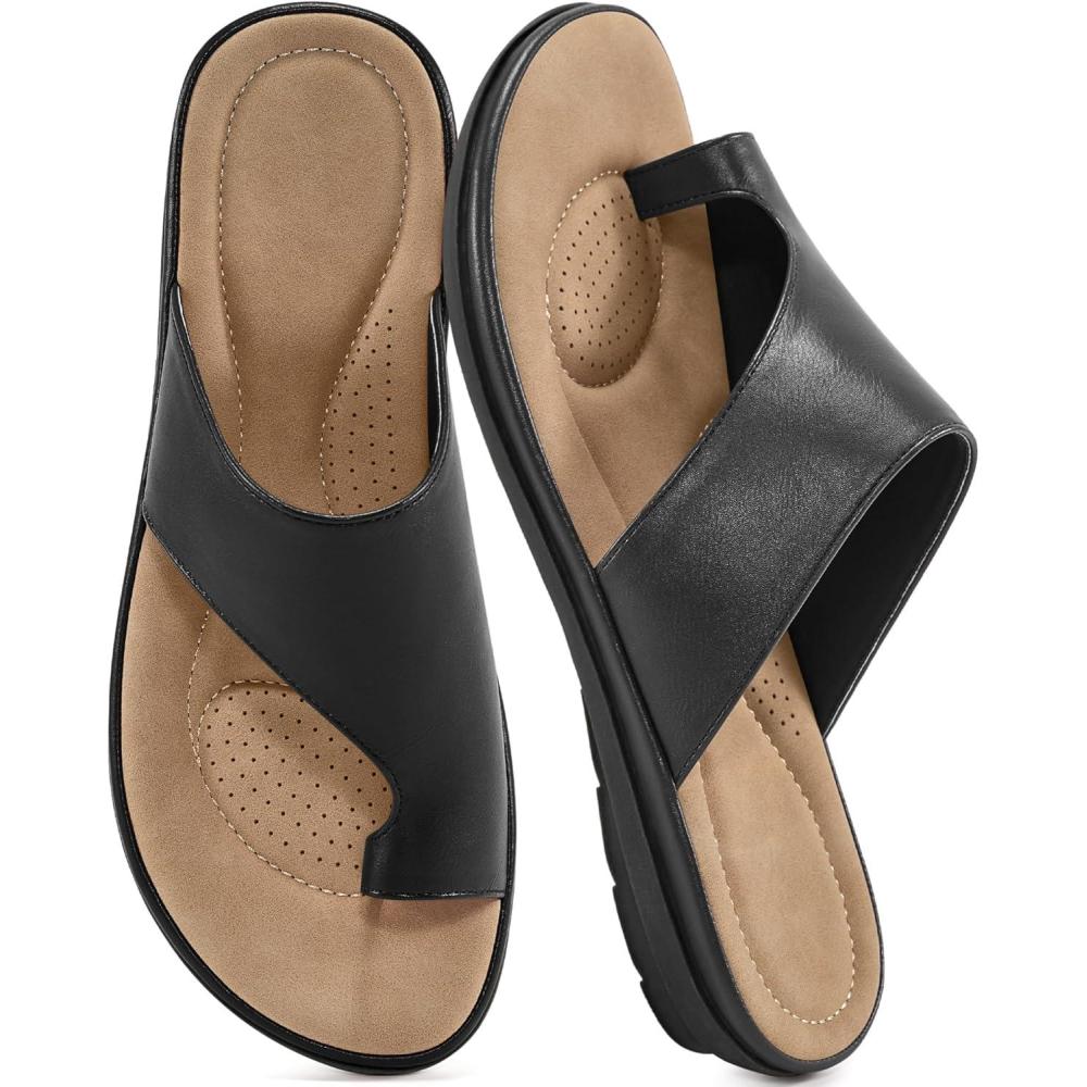 imageSummer Flat Sandals for Women Comfortable Walking Dressy Slides for 2025  Ladies Orthopedic Casual Shoes Indoor OutdoorBlack