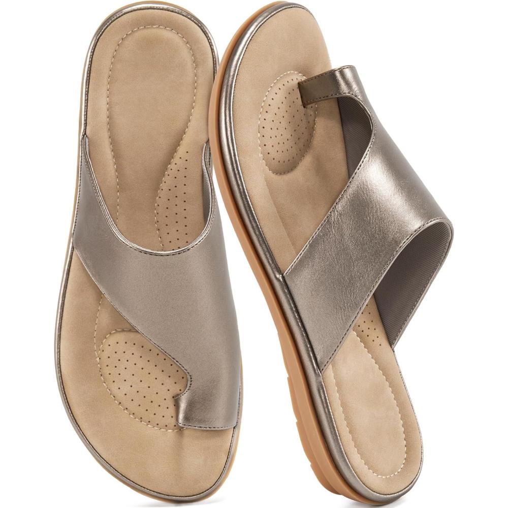 imageSummer Flat Sandals for Women Comfortable Walking Dressy Slides for 2025  Ladies Orthopedic Casual Shoes Indoor OutdoorSilver Gray