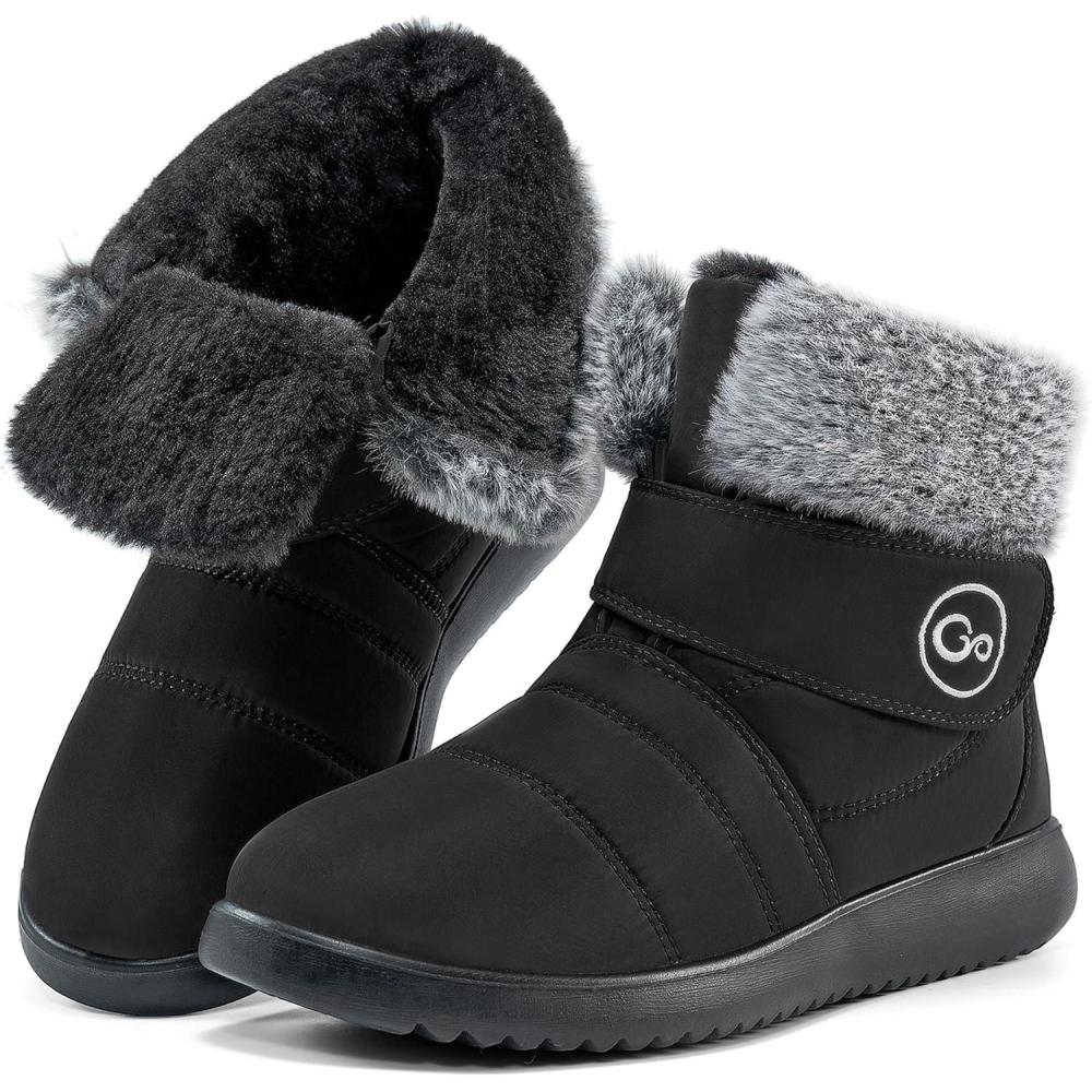imageWomen Snow Boots Winter Shoes With Hook Loop Comfortable Fur Lined Boots for Women Waterproof Slip On Booties Warm Anti Slip ShoesBlack