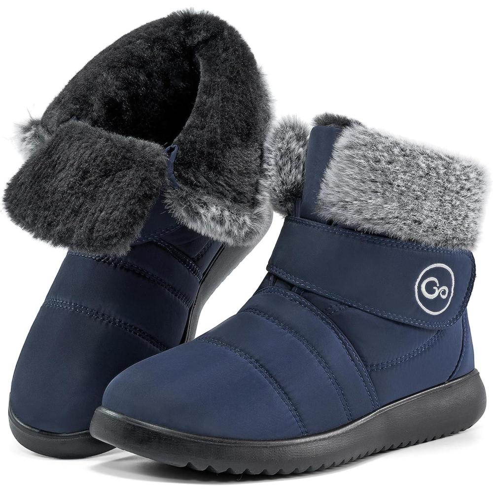 imageWomen Snow Boots Winter Shoes With Hook Loop Comfortable Fur Lined Boots for Women Waterproof Slip On Booties Warm Anti Slip ShoesDark Blue