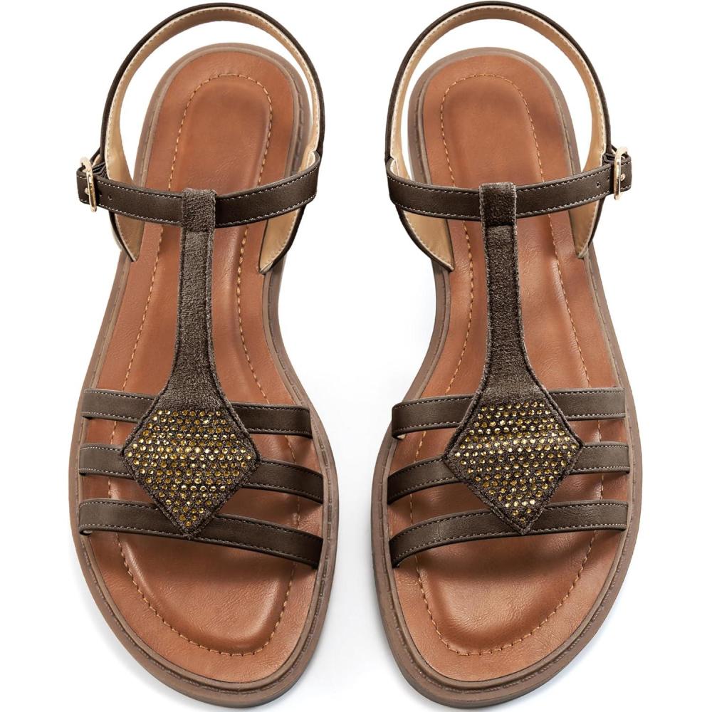 imageWomens Flat Sandals Dressy Comfortable Casual Walking Sandals Women  Trendy Wedding Ladies SandalCoffee