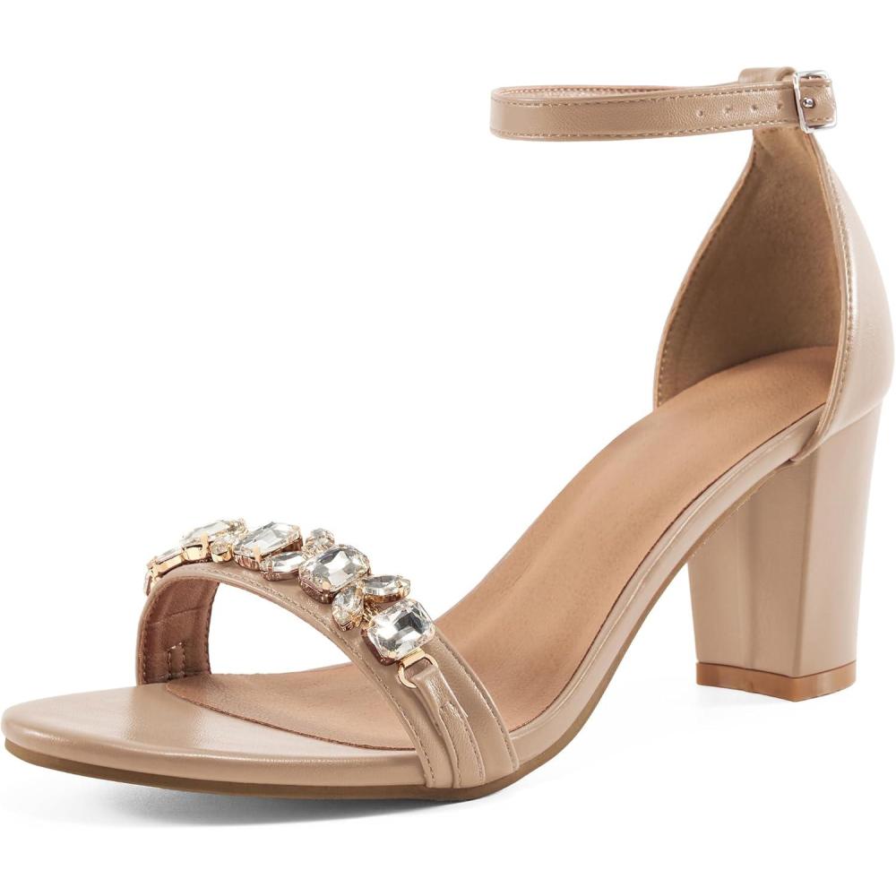 imageWomens High Heels Comfortable Open Toe Ankle Strap Chunk Heeled Sandals  Buckle Rhinestone Heel for Prom WeddingApricot