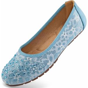 Ballet Flats for Women Dressy : Comfortable Dress Rhinestone Lace Wedding Flat for 2025 – Ladies Slip On Walking Office Shoes(Blue)