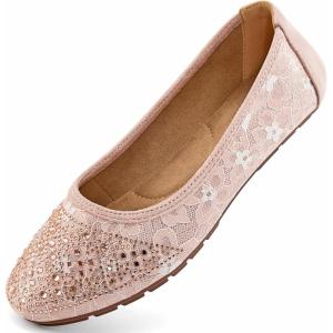 Ballet Flats for Women Dressy : Comfortable Dress Rhinestone Lace Wedding Flat for 2025 – Ladies Slip On Walking Office Shoes(Pink)