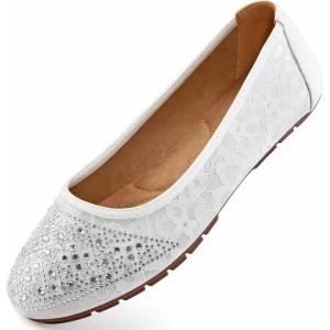 Ballet Flats for Women Dressy : Comfortable Dress Rhinestone Lace Wedding Flat for 2025 – Ladies Slip On Walking Office Shoes(White)