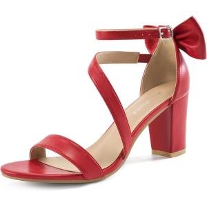 Chunky Heels for Women Wedding: Comfortable Ladies Bow Heel Sandals for Prom Party – Bridal Dressy Walking Shoes(Red)