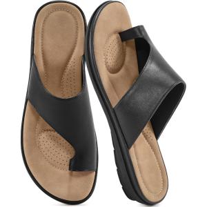 Summer Flat Sandals for Women: Comfortable Walking Dressy Slides for 2025 – Ladies Orthopedic Casual Shoes Indoor Outdoor(Black)