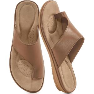 Summer Flat Sandals for Women: Comfortable Walking Dressy Slides for 2025 – Ladies Orthopedic Casual Shoes Indoor Outdoor(Brown)