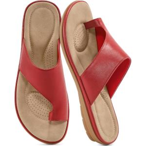 Summer Flat Sandals for Women: Comfortable Walking Dressy Slides for 2025 – Ladies Orthopedic Casual Shoes Indoor Outdoor(Red)