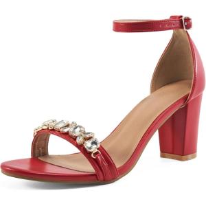 Womens High Heels Comfortable: Open Toe Ankle Strap Chunk Heeled Sandals – Buckle Rhinestone Heel for Prom Wedding(Red)