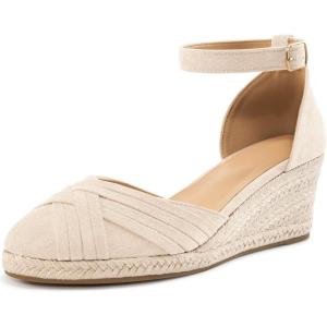 Womens Wedge Sandals Dressy: Ankle Strap Espadrille Wedges for Women – Casual Closed Toe Wedding Shoes(Apricot)