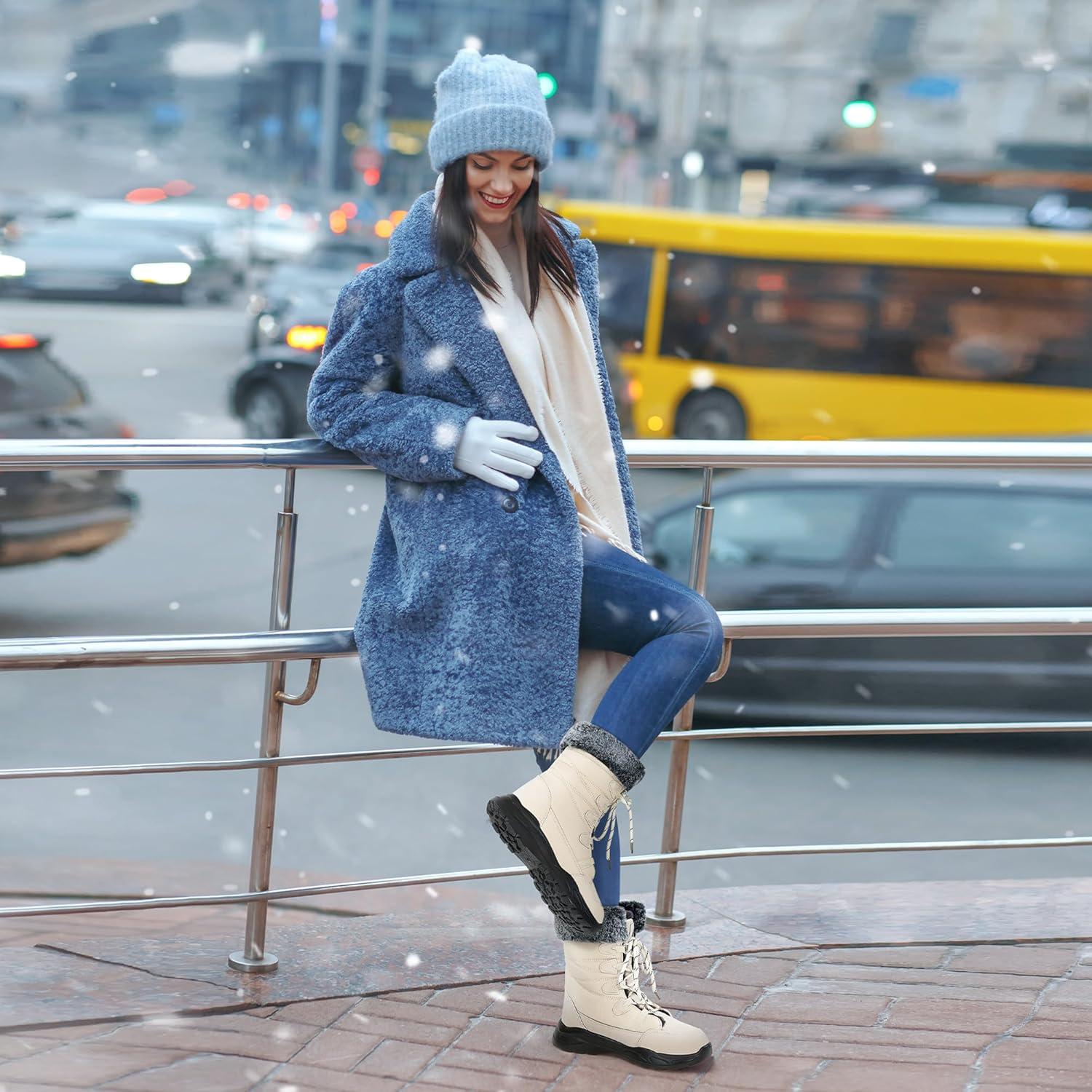 imageWomens Snow Boots for Winter Comfortable Warm Fur Lined Anti Slip Midcalf Booties for WalkingBrown