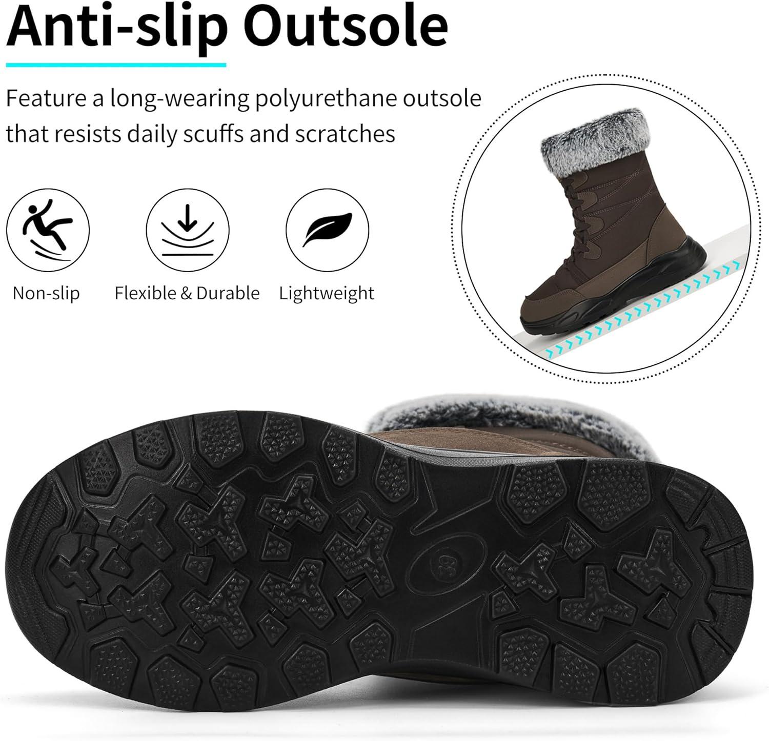 imageWomens Snow Boots for Winter Comfortable Warm Fur Lined Anti Slip Midcalf Booties for WalkingBrown
