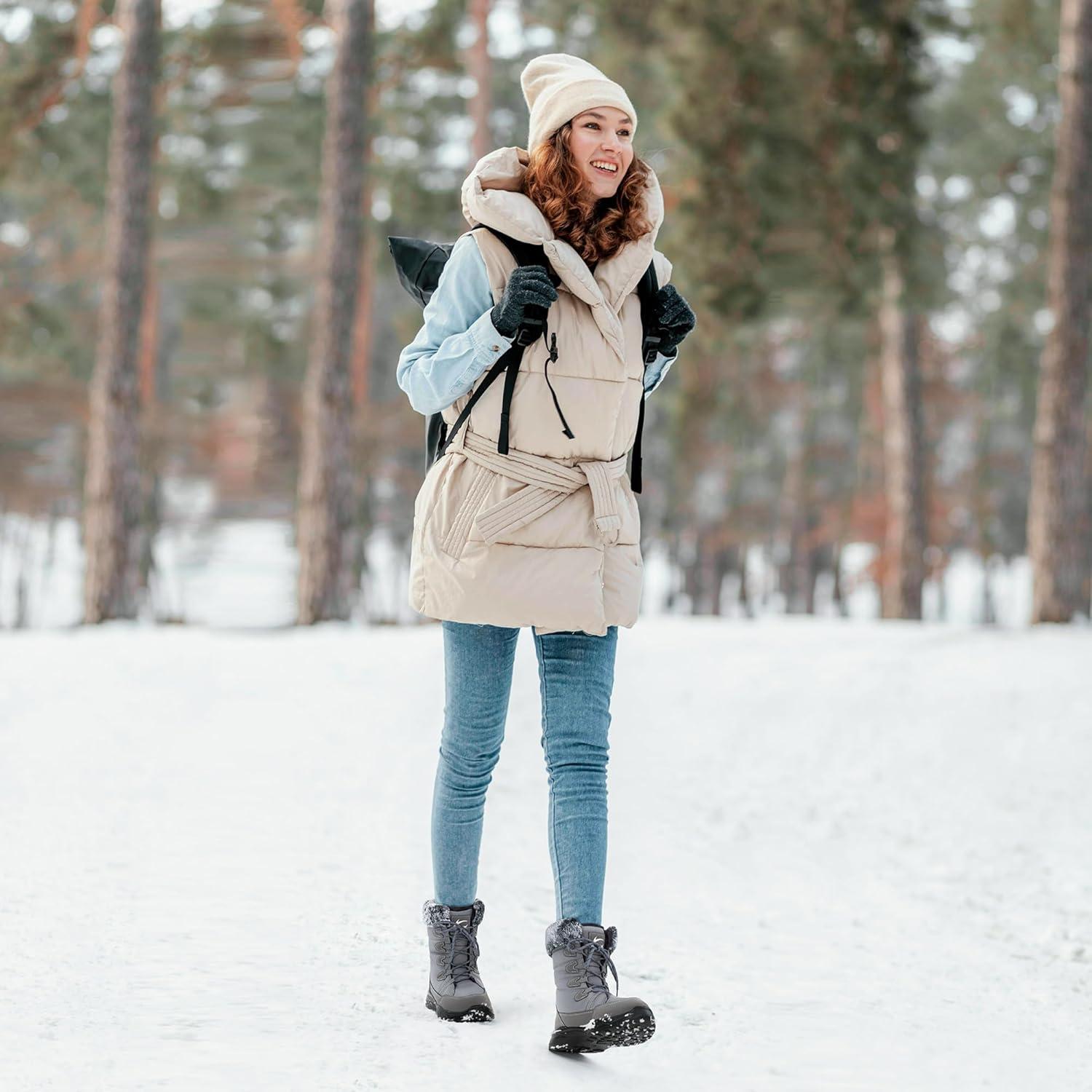 imageWomens Snow Boots for Winter Comfortable Warm Fur Lined Anti Slip Midcalf Booties for WalkingBrown