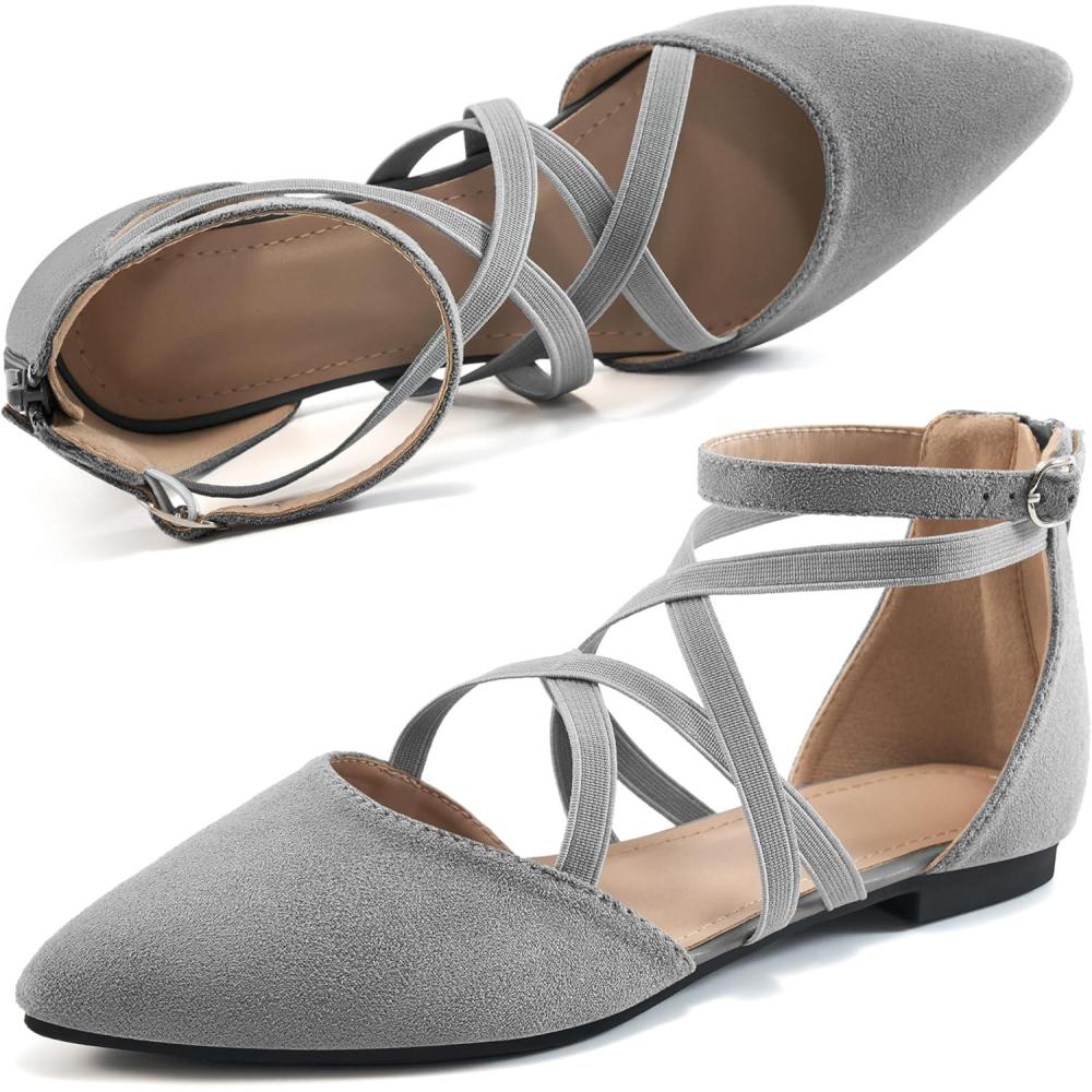 imageWomens Ballet Flats for Wedding Comfortable Dress Work Flat for 2025 Ladies Dressy Zipper Walking ShoesGreysuede