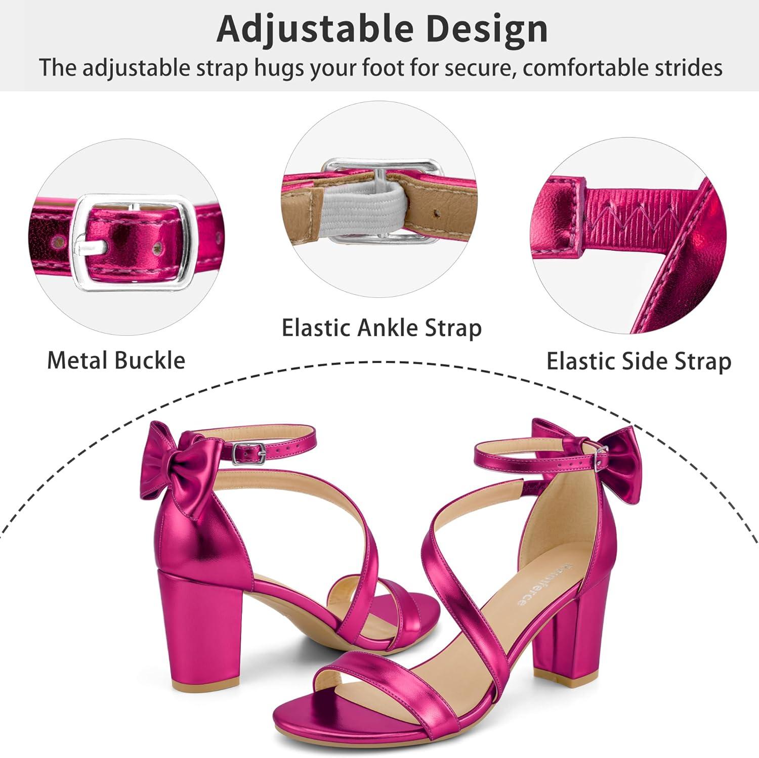 image:imageComfortable Block Heels for Women 314 Stable Walk for Confidence on Wedding Elegant Bow Ankle Strap amp Cushioned Insole for Bride amp BridesmaidsMetallic Fuchsia