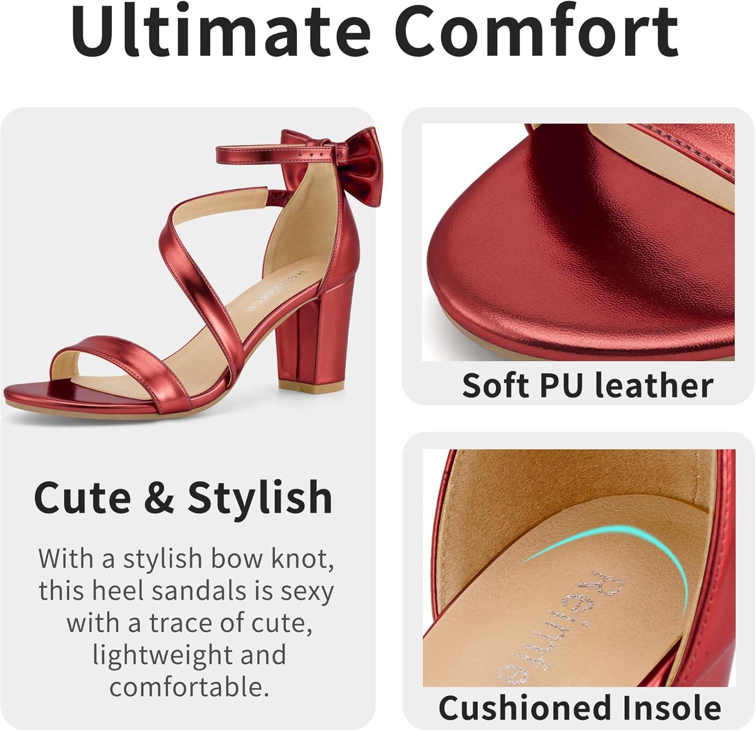 image:imageComfortable Block Heels for Women 314 Stable Walk for Confidence on Wedding Elegant Bow Ankle Strap amp Cushioned Insole for Bride amp BridesmaidsMetallic Red