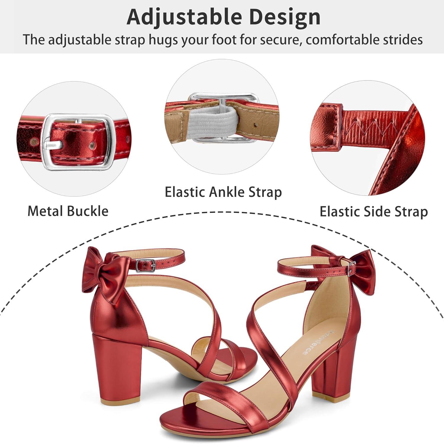 image:imageComfortable Block Heels for Women 314 Stable Walk for Confidence on Wedding Elegant Bow Ankle Strap amp Cushioned Insole for Bride amp BridesmaidsMetallic Red