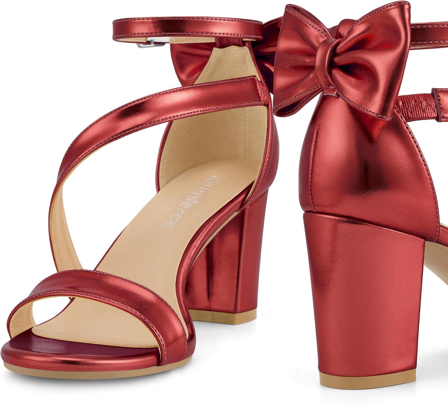 image:imageComfortable Block Heels for Women 314 Stable Walk for Confidence on Wedding Elegant Bow Ankle Strap amp Cushioned Insole for Bride amp BridesmaidsMetallic Red