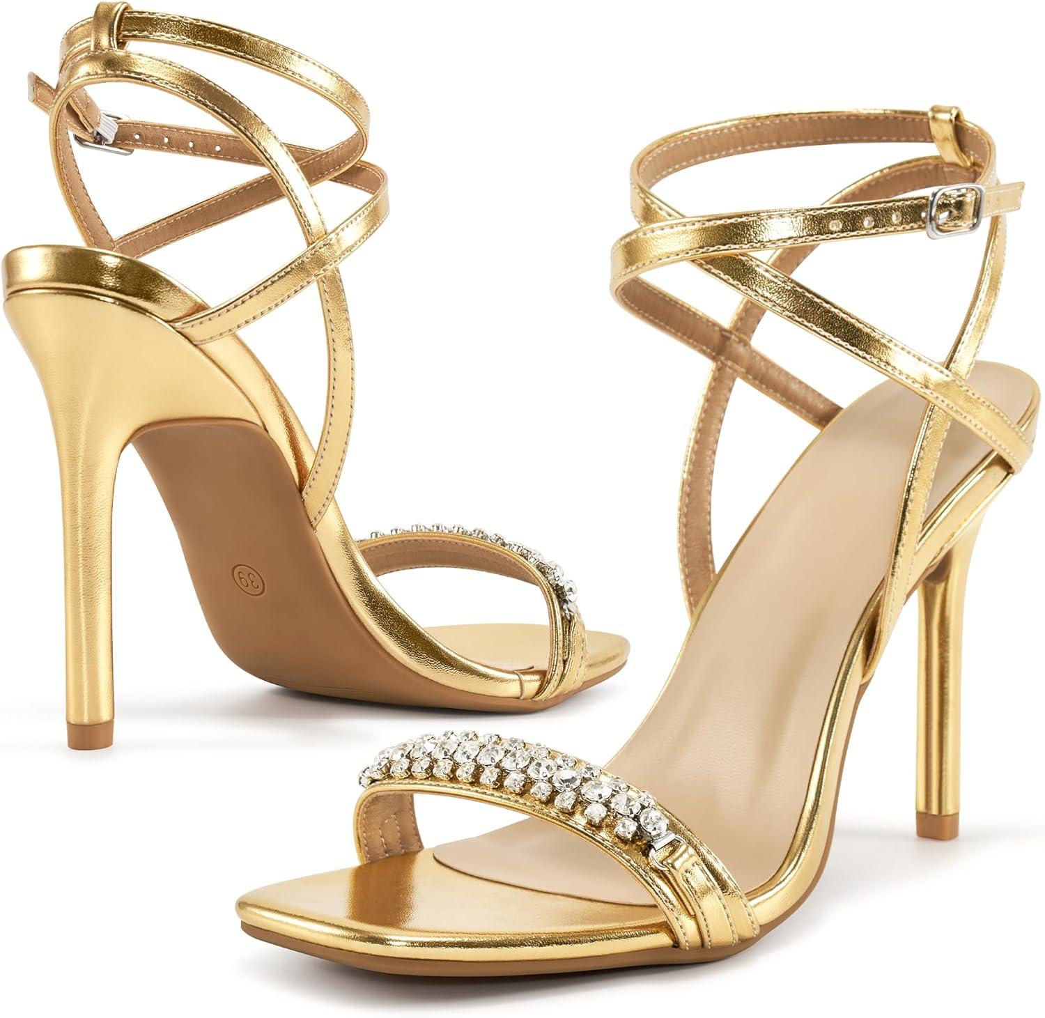 image:imageStrappy Heels for Women Dressy Comfortable Ladies Stiletto Sandals for Prom Party 2025 Bridal Wedding HeelsGold