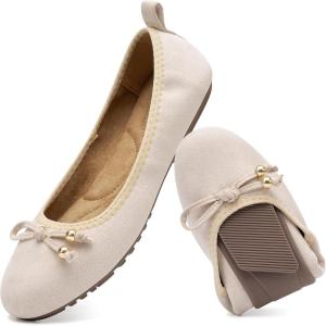 Casual Womens Ballet Flats: Slip-On Design & Cushioned Comfort for Daily Work- Quiet PU Soles & Round Toe for Confidence in Office – Working Women(Beige-suede)