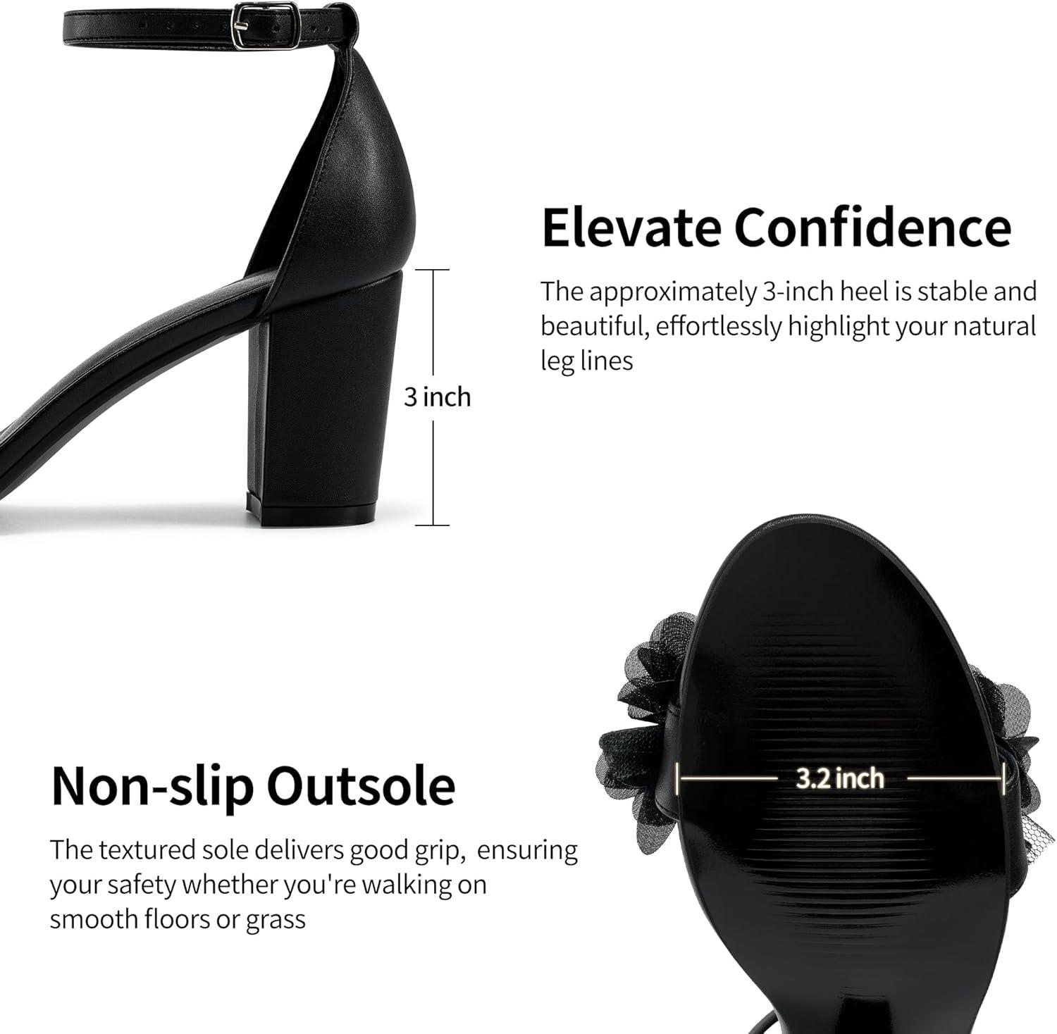 image:imageComfortable Block Heels for Women 3inch Stable Heel amp Elegant Flower for Confidence Walking on Wedding Soft Cushioned Insole amp Adjustable Ankle Strap for Bride amp BridesmaidsBlack