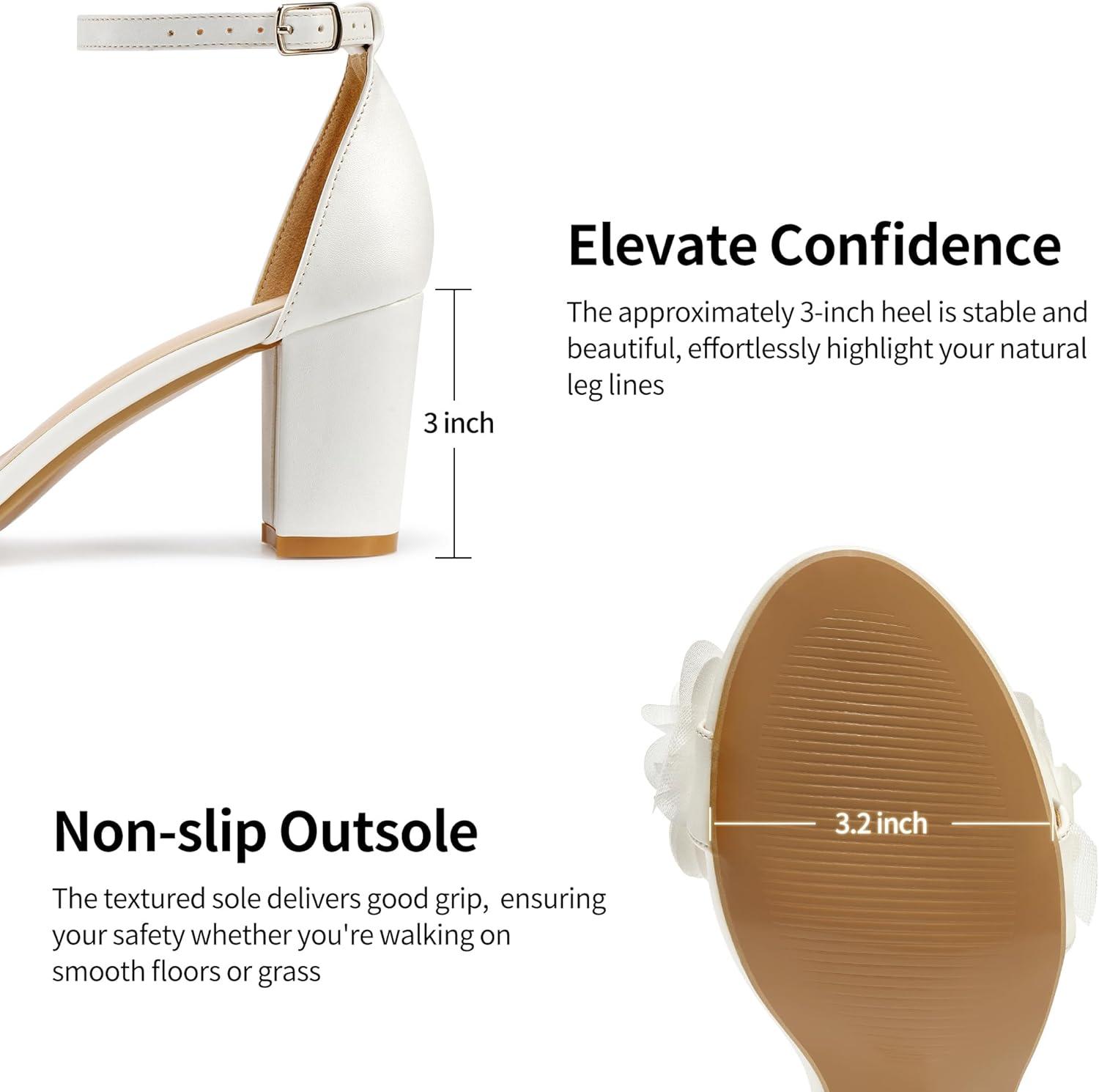 image:imageComfortable Block Heels for Women 3inch Stable Heel amp Elegant Flower for Confidence Walking on Wedding Soft Cushioned Insole amp Adjustable Ankle Strap for Bride amp BridesmaidsWhite