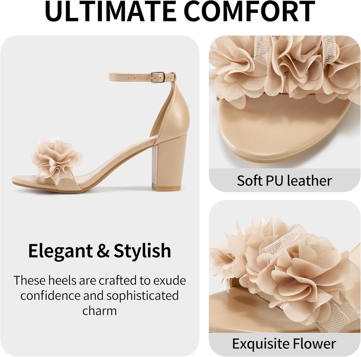 image:imageComfortable Block Heels for Women 3inch Stable Heel amp Elegant Flower for Confidence Walking on Wedding Soft Cushioned Insole amp Adjustable Ankle Strap for Bride amp BridesmaidsApricot