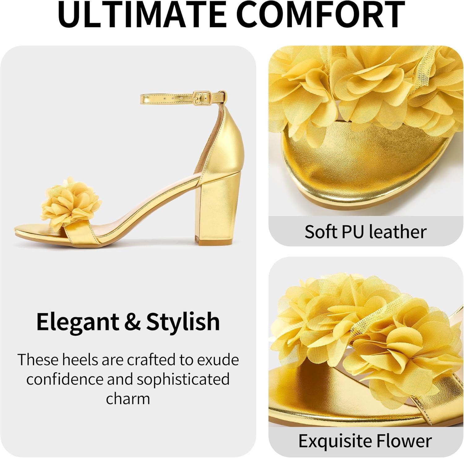 image:imageComfortable Block Heels for Women 3inch Stable Heel amp Elegant Flower for Confidence Walking on Wedding Soft Cushioned Insole amp Adjustable Ankle Strap for Bride amp BridesmaidsGold