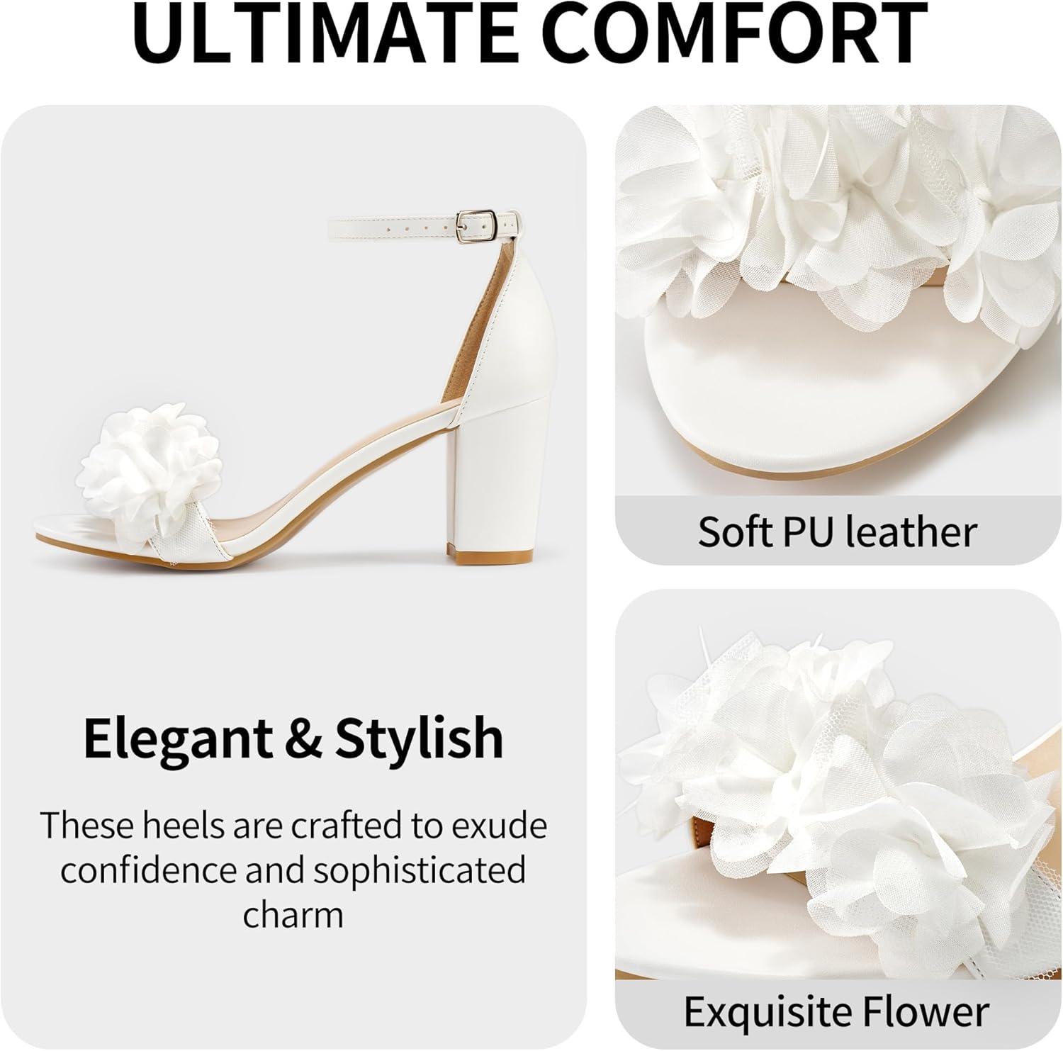 image:imageComfortable Block Heels for Women 3inch Stable Heel amp Elegant Flower for Confidence Walking on Wedding Soft Cushioned Insole amp Adjustable Ankle Strap for Bride amp BridesmaidsWhite