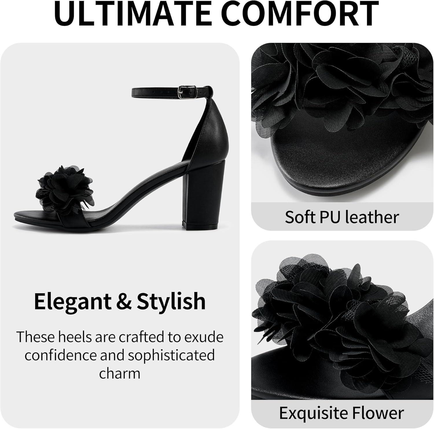 image:imageComfortable Block Heels for Women 3inch Stable Heel amp Elegant Flower for Confidence Walking on Wedding Soft Cushioned Insole amp Adjustable Ankle Strap for Bride amp BridesmaidsBlack
