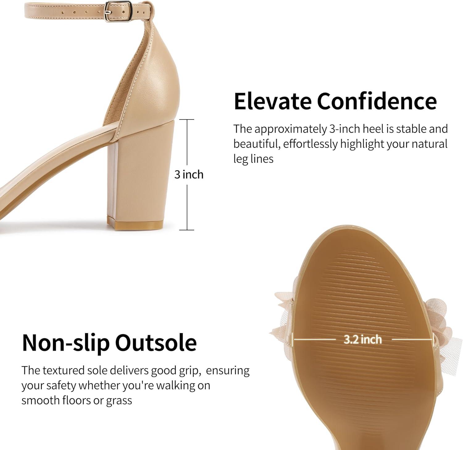 image:imageComfortable Block Heels for Women 3inch Stable Heel amp Elegant Flower for Confidence Walking on Wedding Soft Cushioned Insole amp Adjustable Ankle Strap for Bride amp BridesmaidsApricot