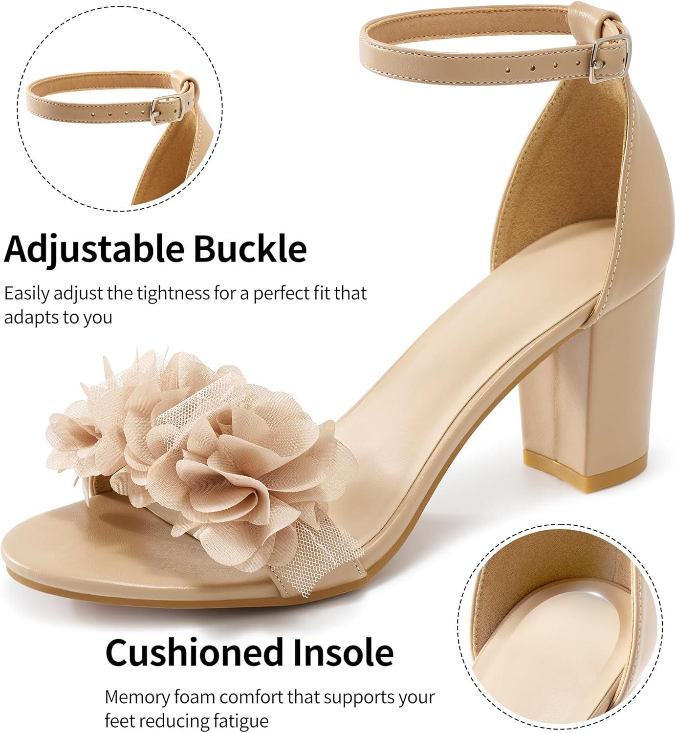 image:imageComfortable Block Heels for Women 3inch Stable Heel amp Elegant Flower for Confidence Walking on Wedding Soft Cushioned Insole amp Adjustable Ankle Strap for Bride amp BridesmaidsApricot