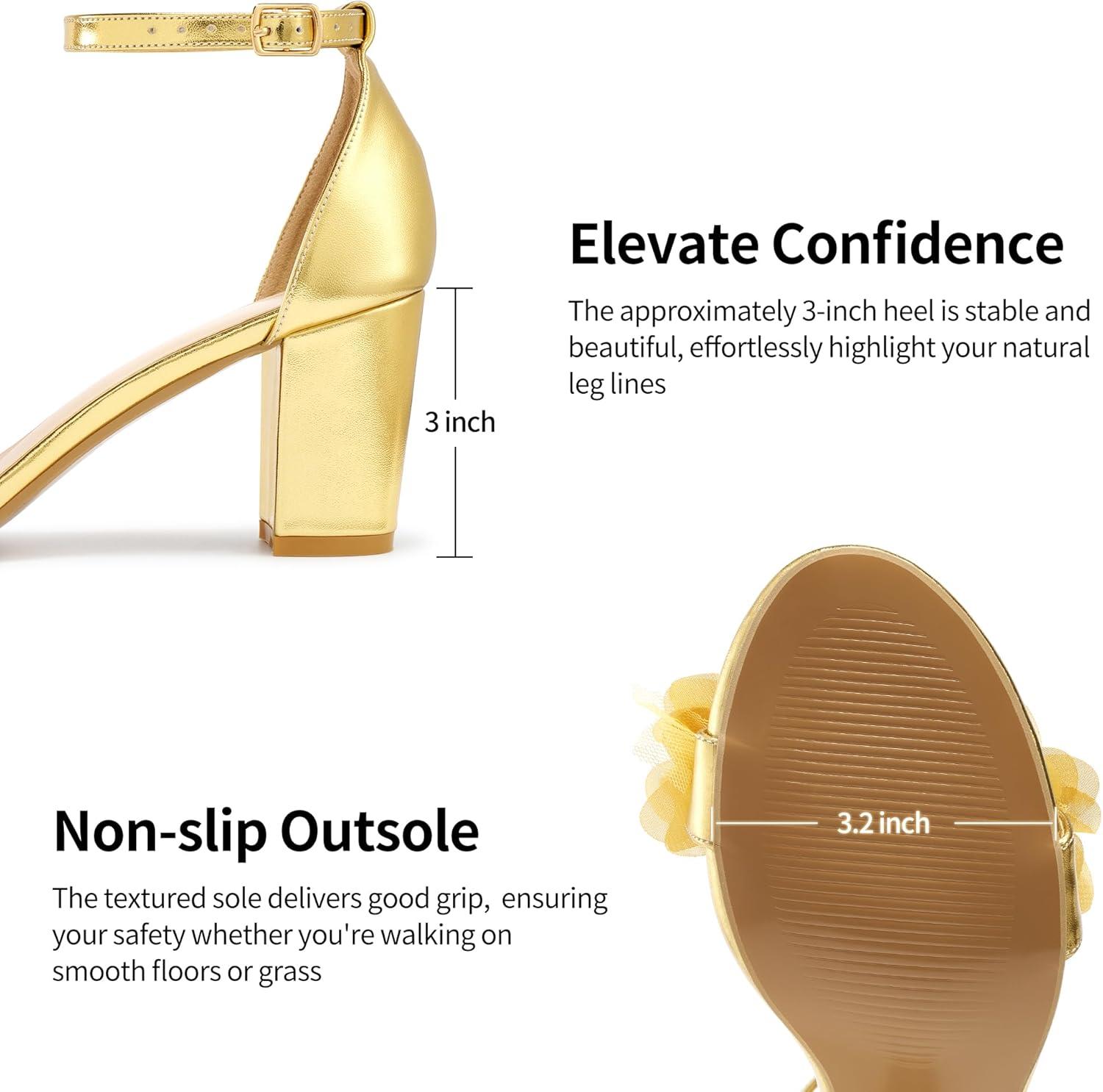 image:imageComfortable Block Heels for Women 3inch Stable Heel amp Elegant Flower for Confidence Walking on Wedding Soft Cushioned Insole amp Adjustable Ankle Strap for Bride amp BridesmaidsGold